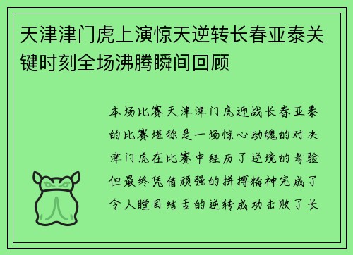 天津津门虎上演惊天逆转长春亚泰关键时刻全场沸腾瞬间回顾
